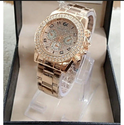 Fashionable 3 Chrono Stain Less Steel Analog Style Quartz Watch For Women