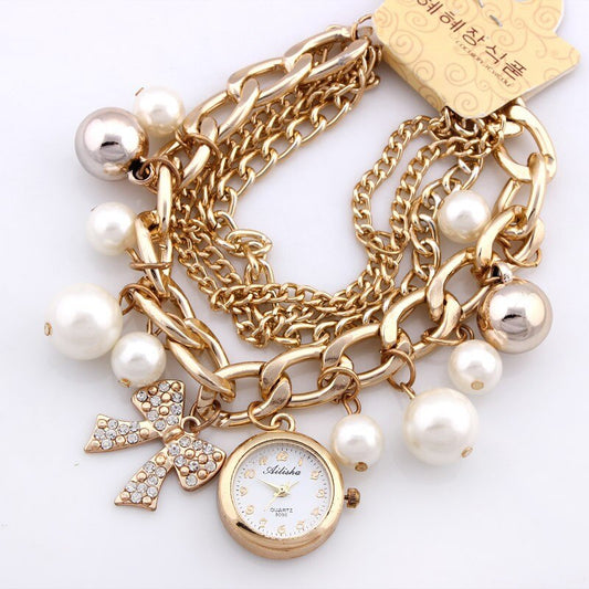 Golden Watch Pearls Bracelet and Ladies Watches For Girls