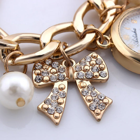 Golden Watch Pearls Bracelet and Ladies Watches For Girls