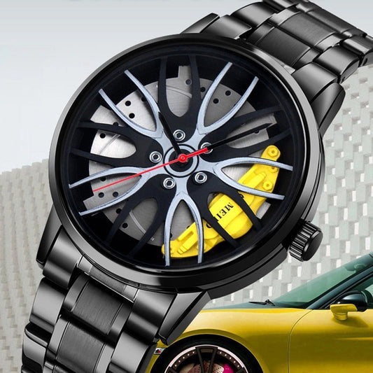 Laxuaoe Quartz Movement Watch Stylish Men's Quartz Watch with Car Hub Design High Accuracy Business Wristwatch for Cool Style Polished Decorative Dial Metal Watch